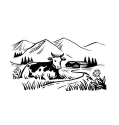 Cow With Nature Landscape Hand Drawn