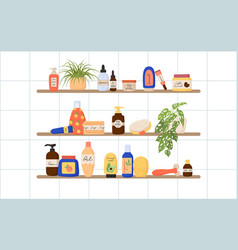 Skin Care Products On Bathroom Shelves Bottles