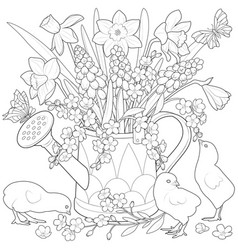 Watering Can With Flowers And Chickens Black And