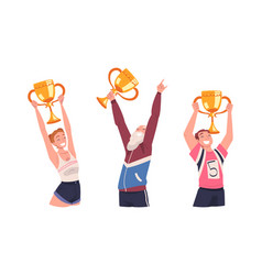 Happy Winners Holding Trophy Cups In Raising Hands