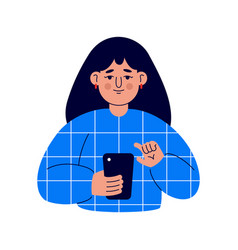 A Young Woman In Blue Sweater Works With Phone