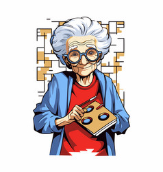 Old Woman With Glasses And Book In Cartoon Style