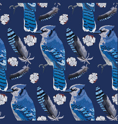 Blue Jay And Feathers Seamless Pattern Embroidery