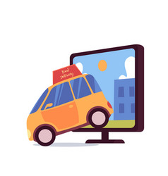 Car With Food Delivery Sign Coming Out Computer