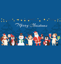 christmas animals santa and snowman cartoon vector image