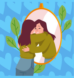 Young Woman Hugs With Mirror Reflection Flat Style