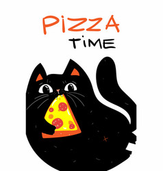 Cute Cartoon Pizza Cat Time Text Hand