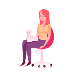 Upset Lonely Woman Sitting In Chair With Cat Flat