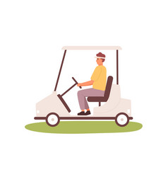 Young Man Driving Golf Cart Or Car In Cap Visor