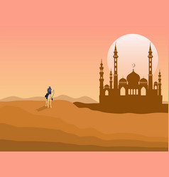 A Man Riding Camel In Desert Has Mosque