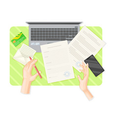 Above Office Desk Layout With Human Hands Signing