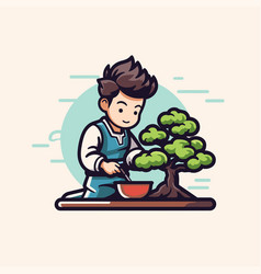 A Boy In Apron Cooking Bonsai