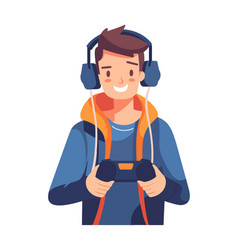 Smiling Man Using Video Game With Headset