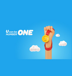 3d Cartoon Hand Holding Golden Medal On Blue Sky