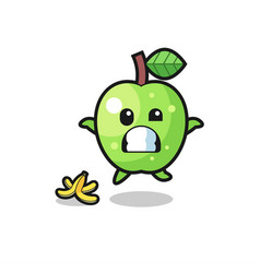 Green Apple Cartoon Is Slip On A Banana Peel