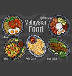 Malaysian Food A Set Of Classic Dishes Cartoon