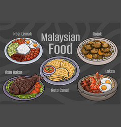 Malaysian Food A Set Of Classic Dishes Cartoon