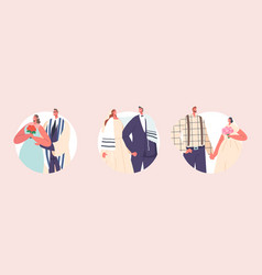 Set Jewish Couples Wedding Ceremony Round Icons