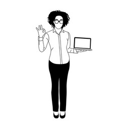 Business Woman Standing Holding Laptop Line Art