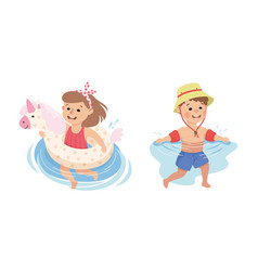 Little Boy And Girl In Swimsuit Swimming