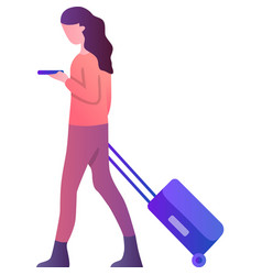 Woman Traveler With Luggage Using Mobile Icon