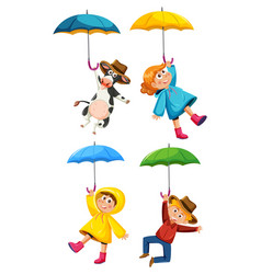 Kids In Raincoat And Holding Umbrella