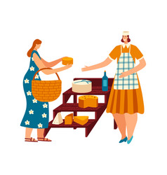 Woman Buy Homemade Cheese And Wine From