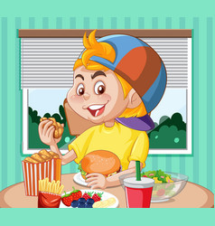 A Boy Eating Breakfast At The Table