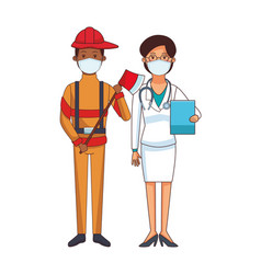 Female Doctor And Firefighter Using Face Mask