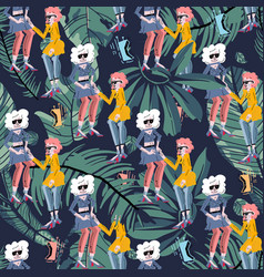 Female Disco Dancer Girls Flat Seamless Pattern