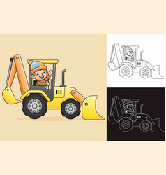 Cartoon Of Boy On Backhoe Loader