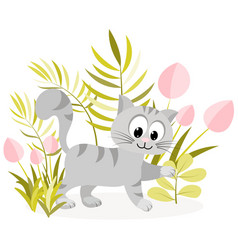 Striped Kitten Plays Near Plants And Tulips