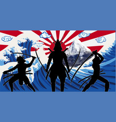 Silhouette Japan Samurai With Wave Rising Sun Flag