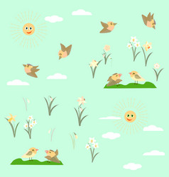 Spring Flowers Daffodils And Birds Pattern