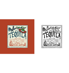 Tequila And Rooster With Mexican Hat Label Badge