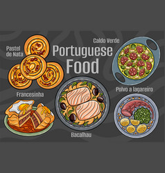 Portuguese Food A Set Of Classic Dishes Cartoon