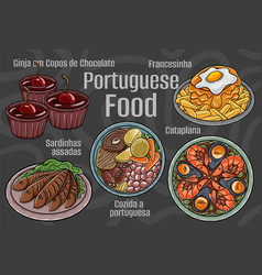 Portuguese Food A Set Of Classic Dishes Cartoon