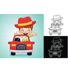 Cartoon Of Happy Boy Wearing Cowboy Hat On Car