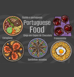 Portuguese Food A Set Of Classic Dishes Cartoon