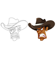 Angry Cowboy Cartoon With Doodle Outline For