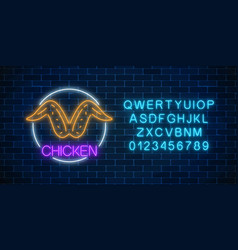 Neon Glowing Sign Of Chicken Wings In Circle