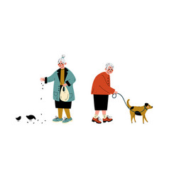 Senior Grey-haired Woman Feeding Pigeons