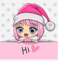 Cute Cartoon Anime Girl With Pink Santa Hat