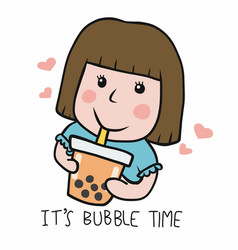 Woman Drink Big Bubble Tea Cup Cartoon