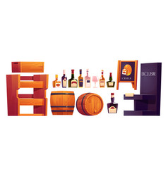 Bottles With Alcohol Wooden Shelves And Barrel