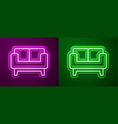 Glowing Neon Line Sofa Icon Isolated On Purple