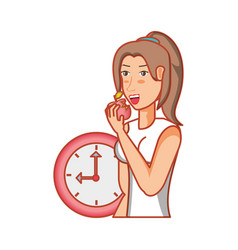 Athletic Woman Eating Apple With Clock