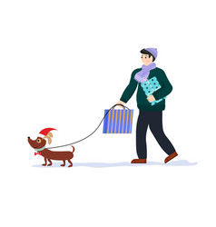 Happy Man Walking With A Dog Holiday Shopping