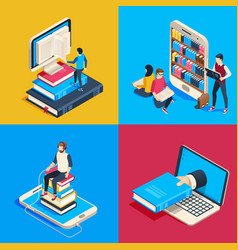 Isometric Online Library Students Reading Books