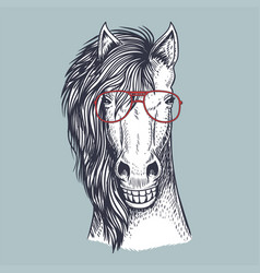 Horse Smile Hand Drawn Wearing A Red Glasses